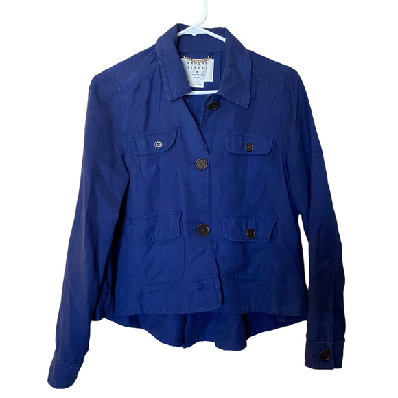 Kate Spade Blue Denim Jacket High Low Linen Pleated Jacket sz XS - Picture 1 of 8